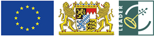 Logo der EU, Bayerisches Staatswappen, Logo der LEADER Förderperiode 2014-2020